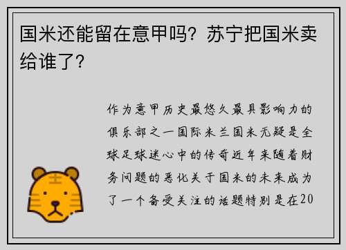 国米还能留在意甲吗？苏宁把国米卖给谁了？